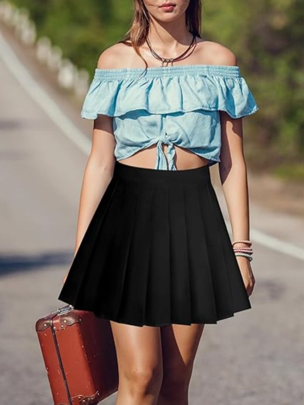 High-Waisted Pleated Skirt Black Medium Y2K Preppy Skater Mini Skirt w/ Shorts